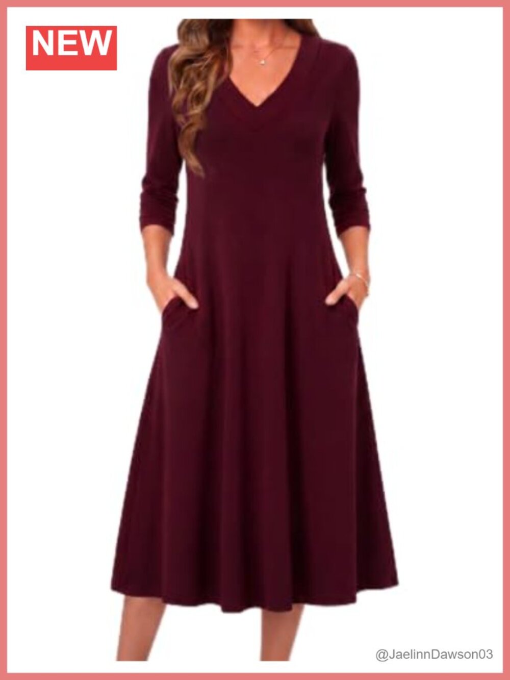 Long Sleeve Midi A-Line Dress V-Neck Pull On Fall Casual